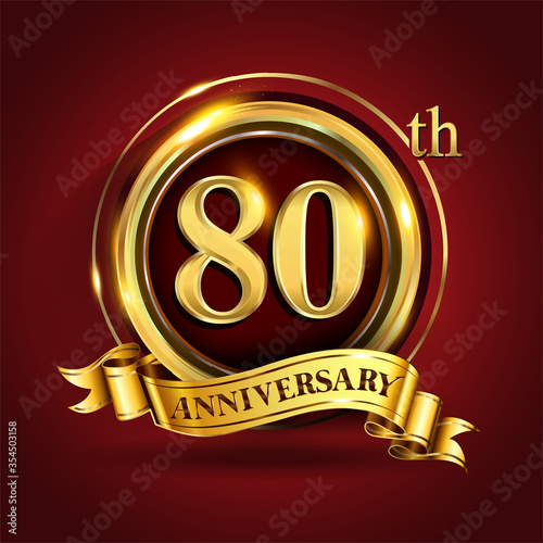 Celebrating 80th golden anniversary, Design Logo of Anniversary celebration with gold ring and golden ribbon.