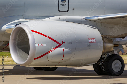 Large engine of a commercial airliner airplane.
