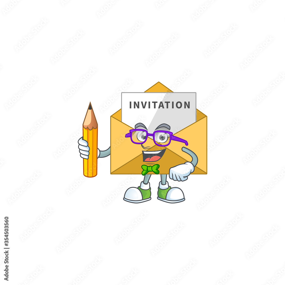 Invitation message student Mascot design concept studying at home