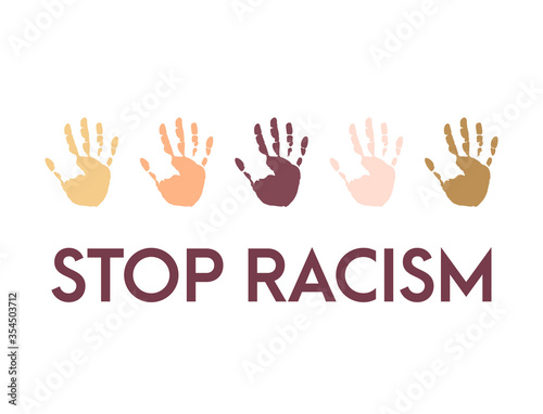 Stop racism icon. Motivational poster against racism and discrimination. Many handprint of different races together. Vector Illustration © adnanroesdi