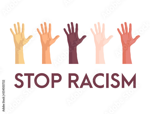 Stop racism icon. Motivational poster against racism and discrimination. Many hands of different races together . Vector Illustration