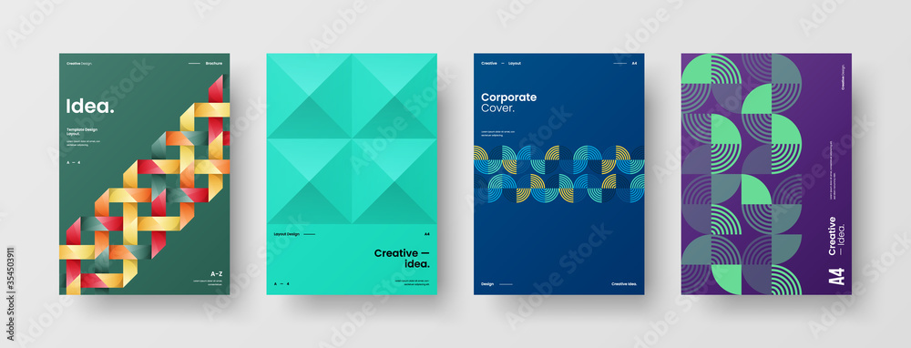 Company identity brochure template collection. Business presentation vector A4 vertical orientation front page mock up set. Corporate report cover abstract geometric illustration design layout bundle.