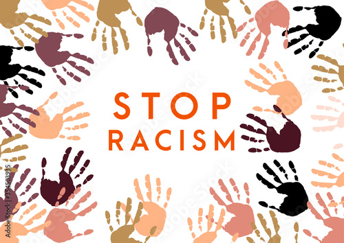 Stop racism icon. Motivational poster against racism and discrimination. Many hands print of different races together in a circle. Vector Illustration