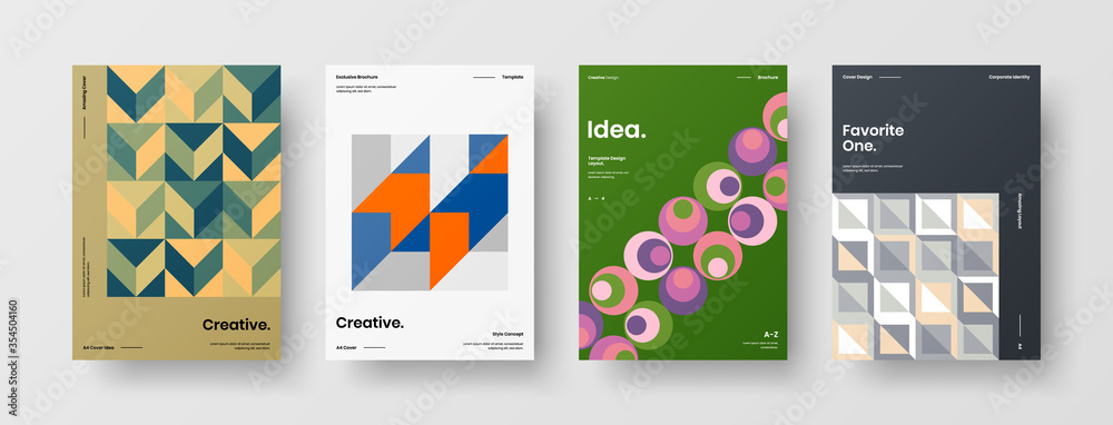 Fototapeta premium Company identity brochure template collection. Business presentation vector A4 vertical orientation front page mock up set. Corporate report cover abstract geometric illustration design layout bundle.
