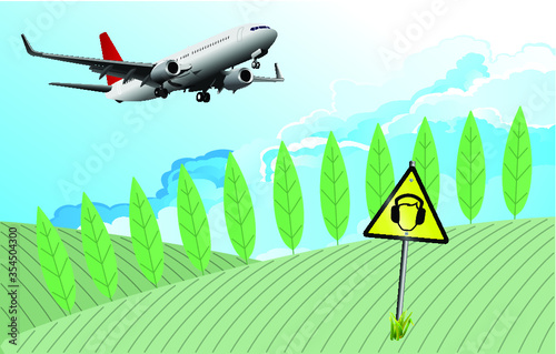 Peace and quiet of the countryside ruined by low flying commercial passenger plane taking off from nearby airport with ear defender warning sign