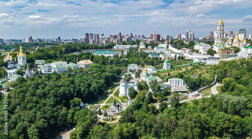 Aerial drone view of Kiev Pechersk Lavra churches on hills from above, cityscape of Kyiv city, Ukraine
