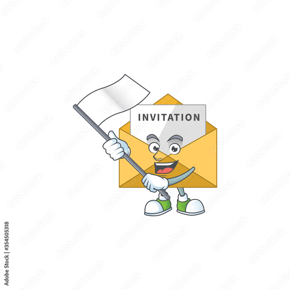 Cute caricature character of invitation message with a white flag