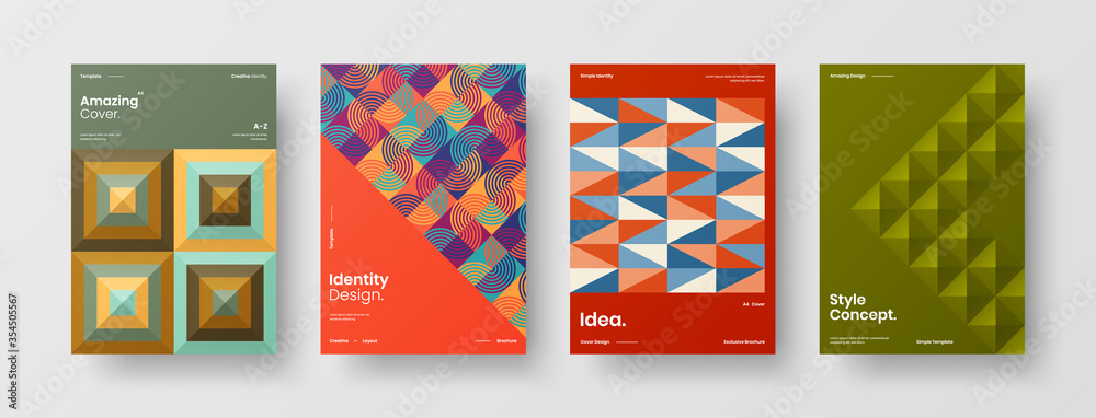 Fototapeta premium Company identity brochure template collection. Business presentation vector A4 vertical orientation front page mock up set. Corporate report cover abstract geometric illustration design layout bundle.