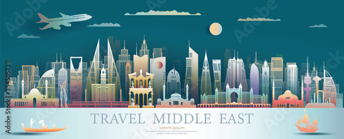 Middle east landmarks of asia with colorful ancient and modern.