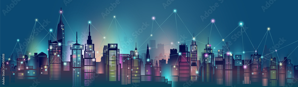 Smart city and wireless communication network technology in downtown skyscraper. - obrazy, fototapety, plakaty 