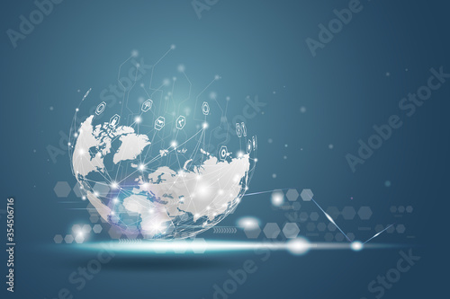 Technology wireless network globe communications system with world map.