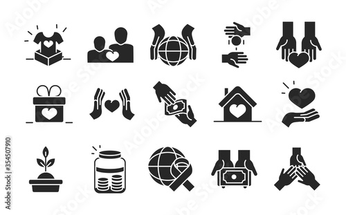 donation charity volunteer help social assistance icons collection silhouette style
