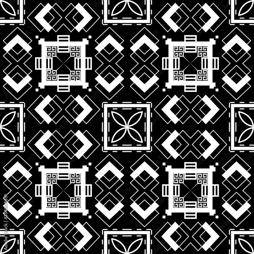 Geometric greek vector seamless pattern. Abstract tribal ethnic style background. Repeat black and white backdrop. Elegant modern ornament. Square frames, lines, greek key meanders, flowers, shapes