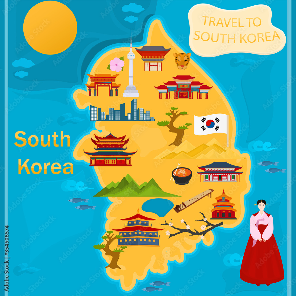 South Korea vector map with national symbols and traditional architecture.
