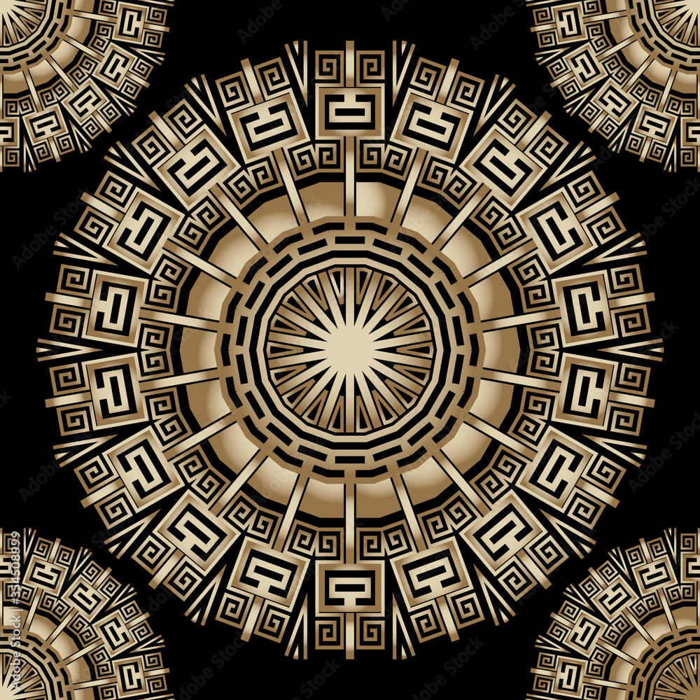 Tribal round gold 3d mandalas vector seamless pattern. Ornamental ethnic background. Repeat floral backdrop. Greek style circles surface ornament. Geometric ornate design. Flowers, shapes, mazes