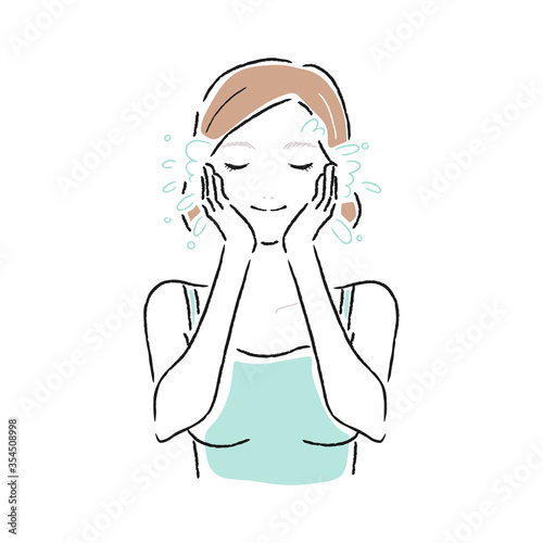 パシャパシャ洗顔をしてる若い女性のイラスト。