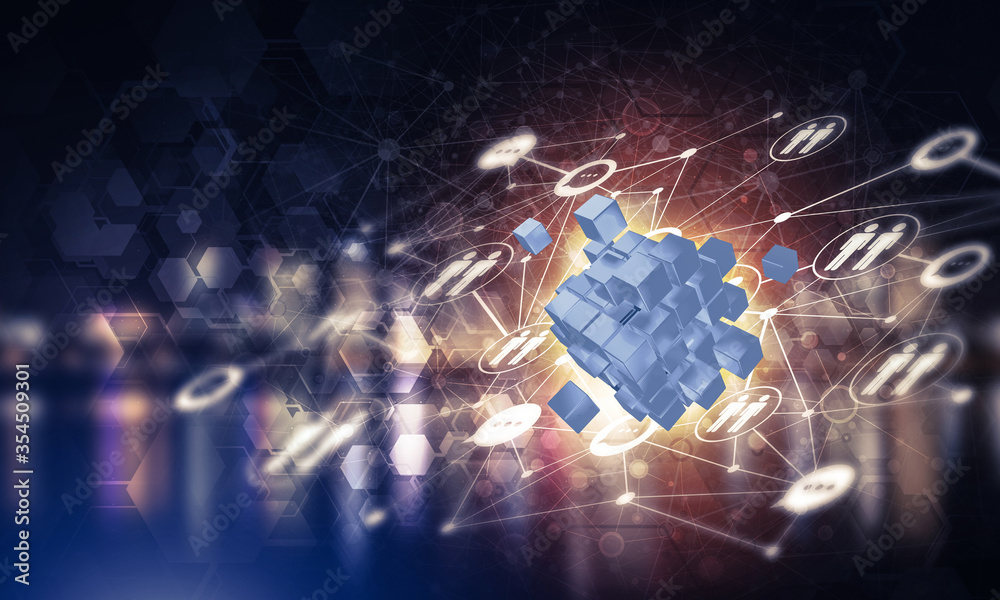 Obraz premium Concept of Internet and networking with digital cube figure on dark background