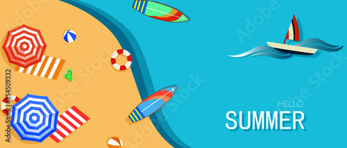 Hello Summer holidays banners design. With umbrella, lifebuoy, map, flip flop, surfboard, ball and boat top view at the beach. Invitation to templates, banners, postcard, label.