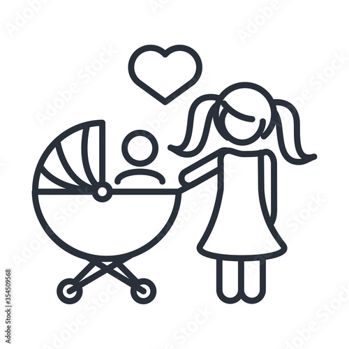 little daughter with baby in pram family day, icon in outline style