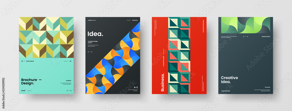 Fototapeta premium Company identity brochure template collection. Business presentation vector A4 vertical orientation front page mock up set. Corporate report cover abstract geometric illustration design layout bundle.