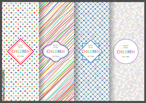 Colorful Seamless Patterns with Bright Geometry Shapes for Children - Set of Four Graphic Illustrations, Vector
