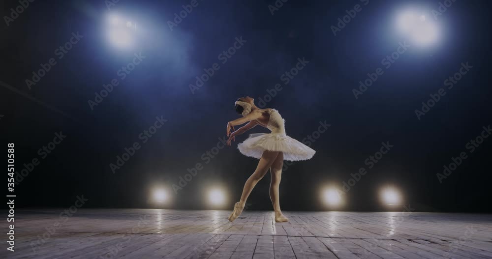 Beautiful Caucasian ballerina in white tutu and on pointe perfoming and mastering dance pas on stage in blue lights of lamps. Woman professional dancer of classical ballet training. Art concept.