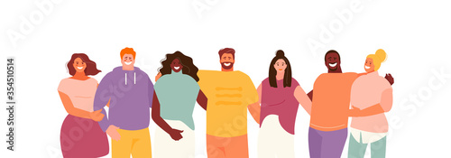 Group of hugging multiethnic people. Friendship and Youth Vector Characters