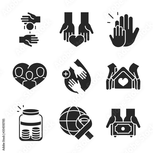 donation charity volunteer help social assistance icons collection silhouette style