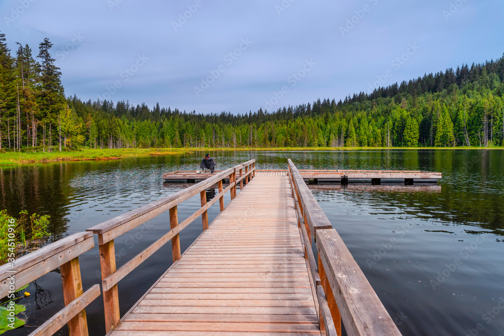 fisherman with a fishing rod catches fish in the lake, sitting on a chair on the platform of a wooden dock fisherman with a fishing rod catches fish in the lake, sitting on a chair on the platform of a wooden dock