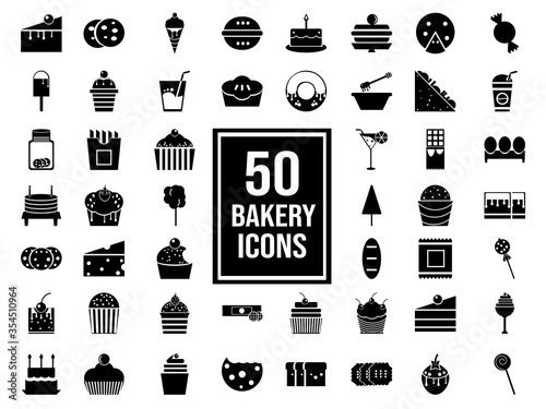 Black and White 50 Bakery Icon Set in Flat style.