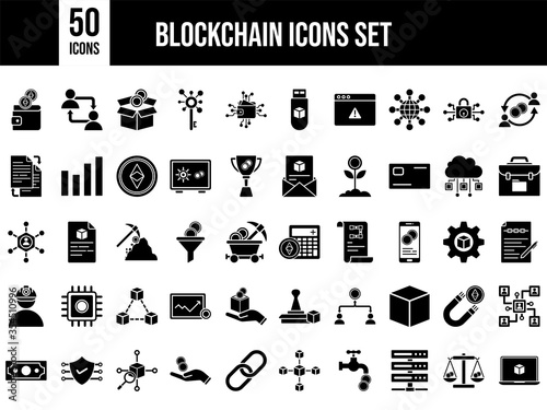 B&W Illustration of 50 Blockchain Icon Set.
