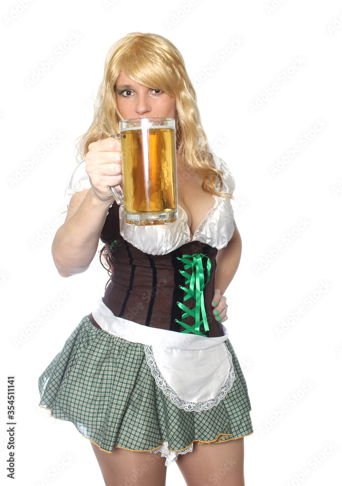 Pub or Tavern Waitress with Beer on White Background Pub or Tavern Waitress with Beer on White Background