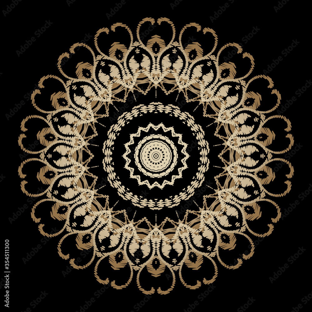 Textured floral round gold mandala pattern. Ornamental tapestry vector background. Embroidery round lace ornaments. Embroidered golden vintage flowers, leaves. Grunge texture. Ornate lacy design