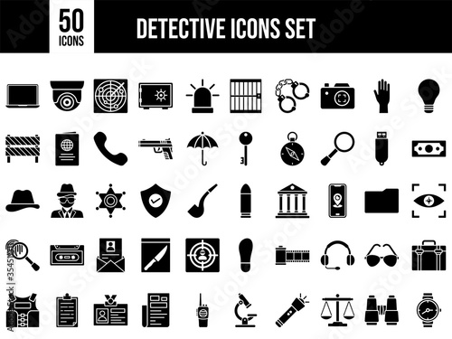 Set of 50 Detective Icon in Black and White Color.