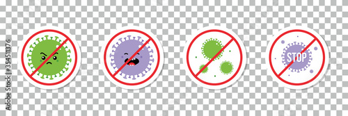Set, collection of cartoon style vector stickers, round signs with virus, coronavirus, bacteria characters.
