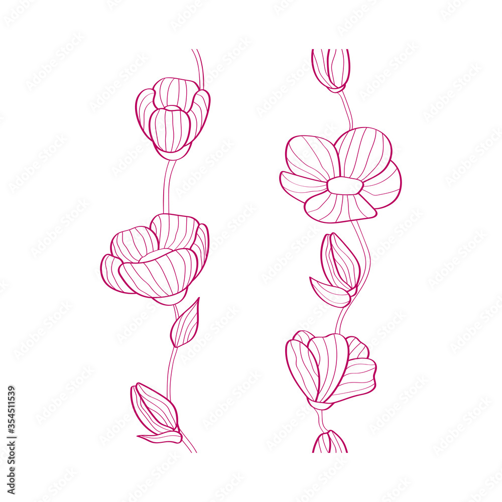two floral seamless elements. curly flowers, leaves and buds in linear style two floral seamless elements. curly flowers, leaves and buds in linear style