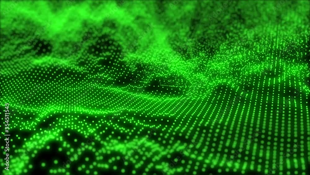 Futuristic green particle wave. 4K Abstract green motion background. data transfer particle effect. a sea of glowing neon particles pulse and wave across the screen. Data cloud effect.