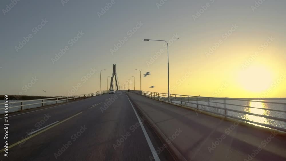 POV Driving Across Replot Bridge In Vaasa, Finland As Birds Fly Past. POV Driving Across Replot Bridge In Vaasa, Finland As Birds Fly Past.