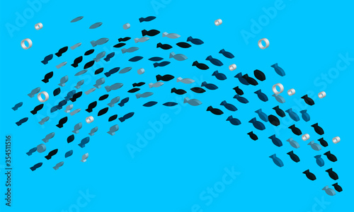 isometric style template with school of fish and bubbles. Underwater background with fishes