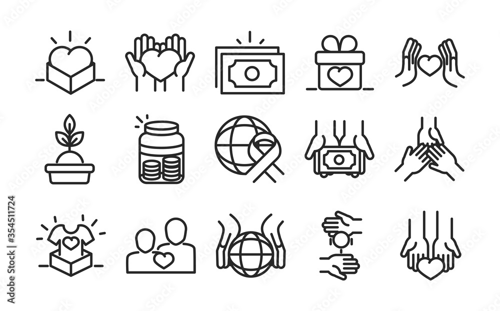 donation charity volunteer help social assistance icons collection line style