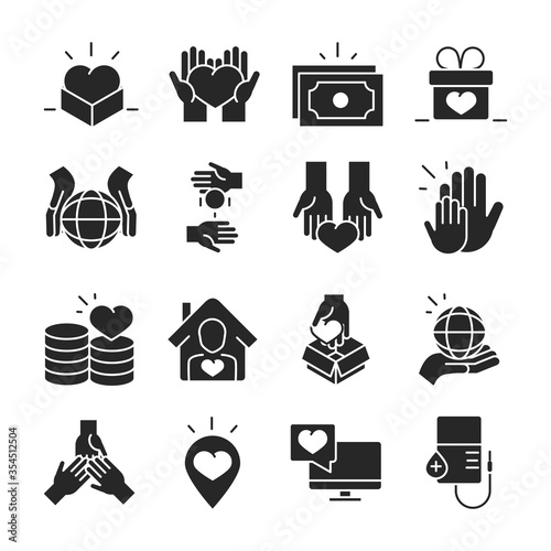 donation charity volunteer help social assistance icons collection silhouette style