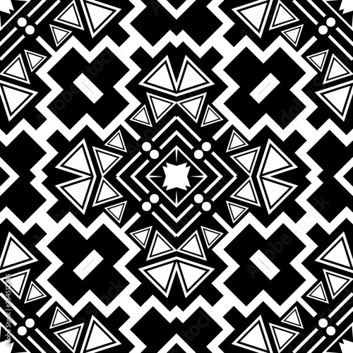 Tribal vector seamless pattern. Ethnic geometric abstract background. Black and white repeat decorative backdrop. Traditional folk ornament with abstract shapes, rhombus, circles, triangles, lines