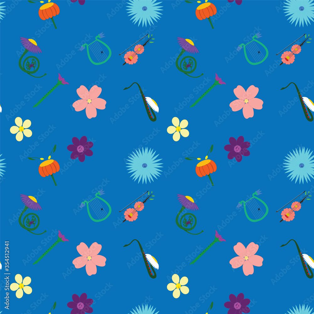 Seamless pattern with abstract flowers notes, many different musical instruments lira, drum, saxophone , pipe, french horn on blue background. Concepts: natural, music in the air, summer, spring, 
