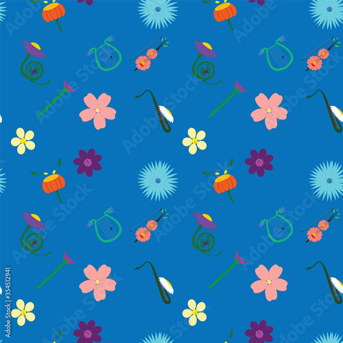 Seamless pattern with abstract flowers notes, many different musical instruments lira, drum, saxophone , pipe, french horn on blue background. Concepts: natural, music in the air, summer, spring, 
