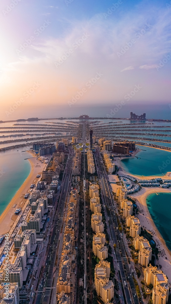 Aerial view of Palm Jumeirah islands in Dubai; Man made islands in ...