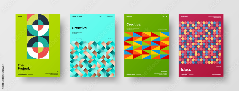 Obraz premium Company identity brochure template collection. Business presentation vector A4 vertical orientation front page mock up set. Corporate report cover abstract geometric illustration design layout bundle.