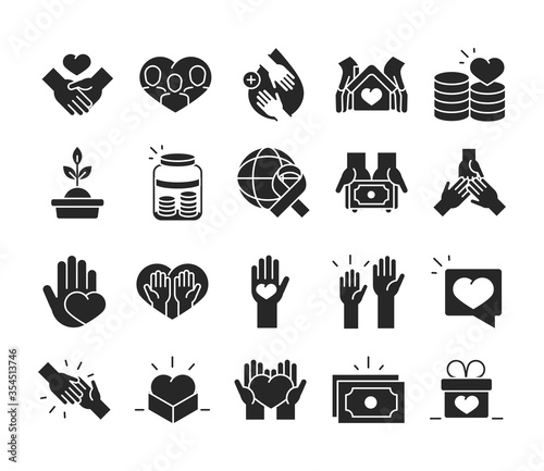 donation charity volunteer help social assistance icons collection silhouette style