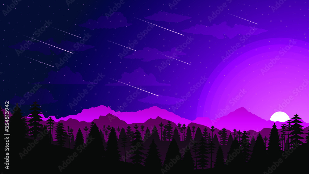 Sky Background Vector Silhouette With Mountains Forest And Moon Stars