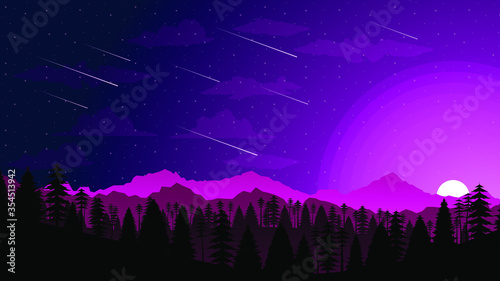 Sky Background Vector Silhouette With Mountains Forest And Moon Stars