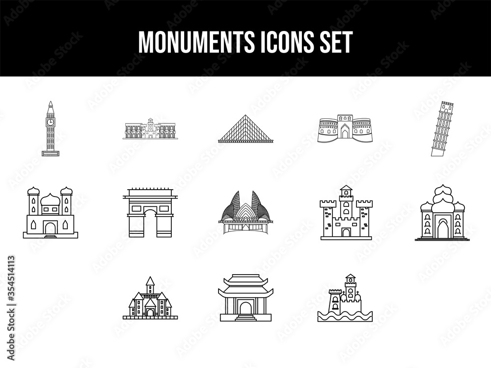 Black Line Art Illustration of Monuments Icon set.